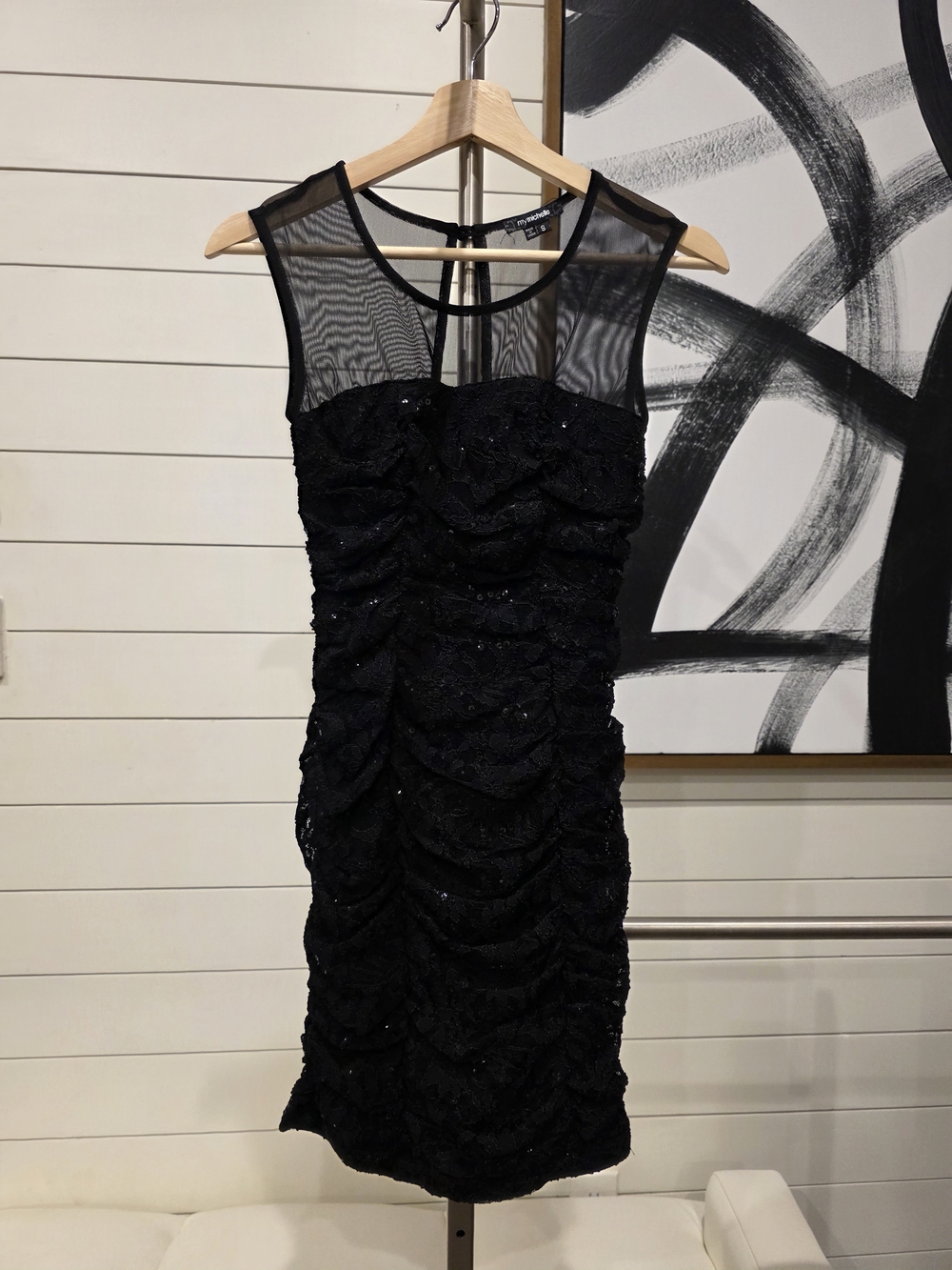 Black Sheer Yoke Ruched Cocktail Dress